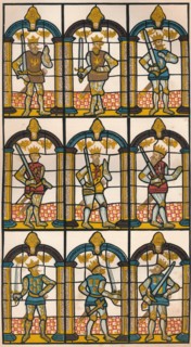 'Painted Window - Two Saxon Earls of Mercia, and Seven Norman Earls of Chester', 1808 (1845). Artist: William Fowler.