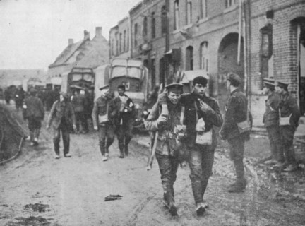 'The British wounded returning to a dressing station after an attack', 1915. Artist: Unknown.