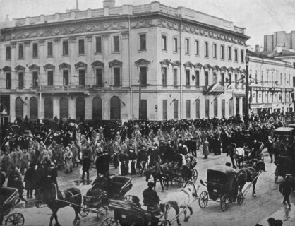 'German and Austrian prisoners being marched through the streets of Petrograd', 1915. Artist: Unknown.