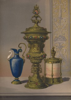 'Silver Gilt & Jewelled Vase, Porcelain Vase, Cigar Casket', 1863. Artist: Robert Dudley.