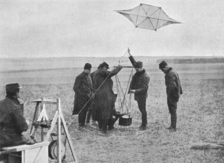 'Sending up one of the French war kites, to which a camera is attached', 1914, (1915). Artist: Unknown.