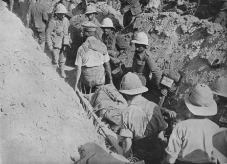 'Carrying wounded through the trenches', 1915. Artist: Unknown.
