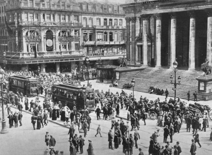 'A view of the Bourse during the passage of the German troops', 1914. Artist: Unknown.