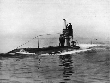 'A British submarine running on the surface of the water', 1914. Artist: Unknown.