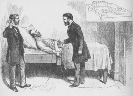 'Alexander Graham Bell and assistant use an electrical detector to find a bullet in the torso of ail Artist: W Shinkle.