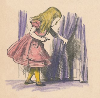 'Alice looking at a small door behind a curtain', 1889. Artist: John Tenniel.