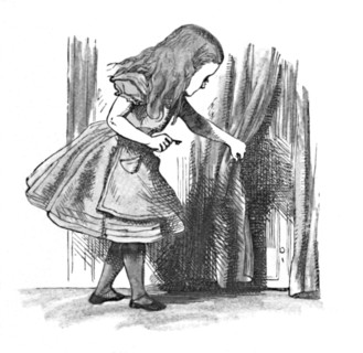 'Alice looking at a small door behind a curtain', 1889. Artist: John Tenniel.