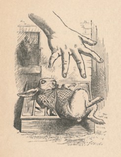 'Alice putting her hand down to the White Rabbit', 1889. Artist: John Tenniel.