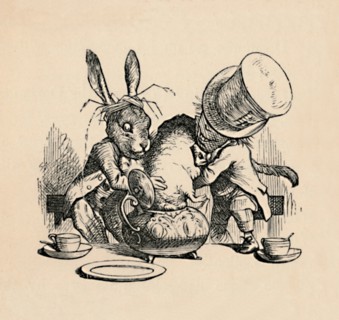 'The Mad Hatter and March hare trying to put the Dormouse into a teapot', 1889. Artist: John Tenniel.