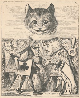 'The Cheshire Cat looking down at the Red King and Queen having an argument', 1889. Artist: John Tenniel.