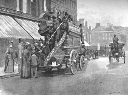 'New Bridge Market - Struggle for the Bus', 1891. Creator: William Luker.