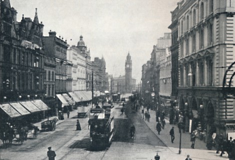 'High Street, Belfast, showing the Albert Memorial in the distance', 1917. Artist: Unknown.
