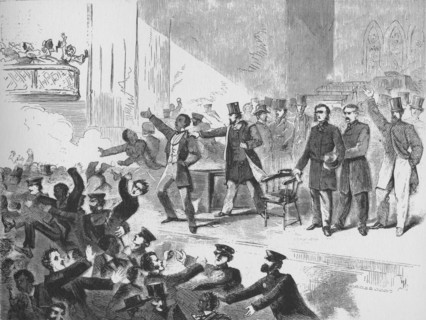 'William Lloyd Garrison trying to hold a John Brown anniversary meeting in Tremont Temple, Boston',  Artist: Unknown.