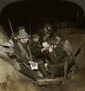 An evening in the reserve trenches at Beaumont Hamel, France, World War I, 1914-1918.  Artist: Realistic Travels Publishers.