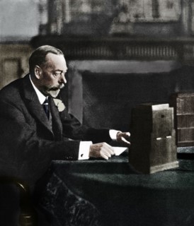 King George V broadcasting to the empire on Christmas Day, Sandringham, 1935. Artist: Unknown.