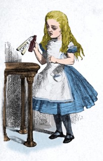 'Alice looking at the bottle with the sign 'drink me''', 1889. Artist: John Tenniel.