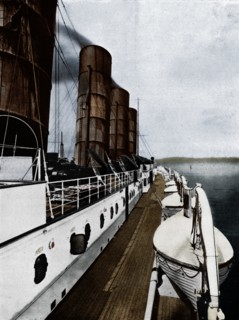 'The boat deck of the Lusitania, showing lifeboats', 1915. Artist: Unknown.