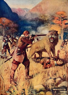 'A Large Lion sprung upon one of the Men', 1909. Artist: Joseph Ratcliffe Skelton.