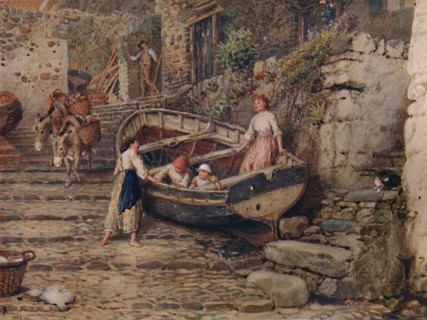 'View at Clovelly, with Stranded Boat and Figures', 1882, (1935). Artist: Birket Foster.