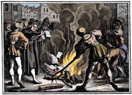 Martin Luther burning the Papal Bull, 1520. Artist: Unknown.