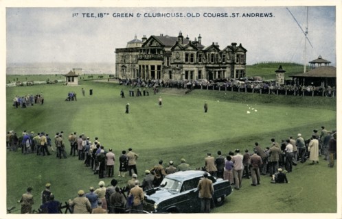 '1st Tee, 18th Green & Clubhouse, Old Course, St. Andrews', c1955. Artist: Unknown.