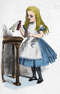 'Alice looking at the bottle with the sign 'drink me''', 1889. Artist: John Tenniel.