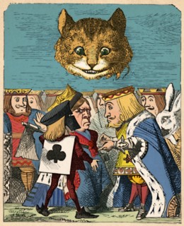 'The Cheshire Cat looking down at the Red King and Queen having an argument', 1889. Artist: John Tenniel.