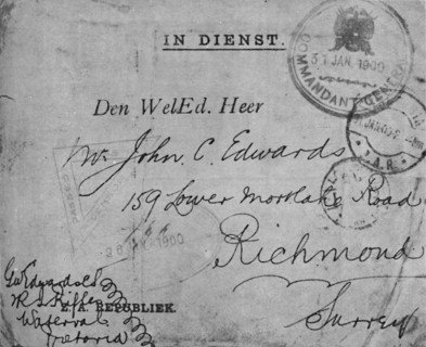 'Envelope addressed by Colour-Sergeant Edwards, 2nd Royal Irish Rifles', 1900. Artist: Unknown.