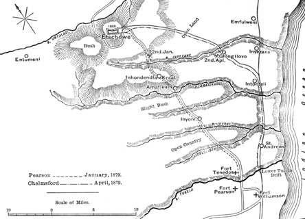 'Plan of the Marches of Pearson (Jan., 1879) and of Chelmsford (April, 1879) to Etschowe', c1880. Artist: Unknown.