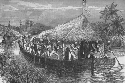 'Blue-Jackets and Marine Poling the British Troops Up The River Perak', c1880. Artist: CR.
