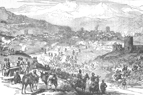 'Attack on an Afreedi Town', c1880. Artist: Unknown.