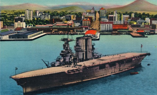 'U.S. Navy Plane Carrier at Anchor at Foot of Broadway. San Diego, California', c1941. Artist: Unknown.
