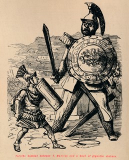 'Terrific Combat between T Manlius and a Gaul of gigantic stature', 1852. Artist: John Leech.