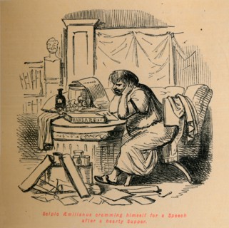 'Scipio Aemilianus cramming himself for a Speech after a hearty Supper', 1852. Artist: John Leech.