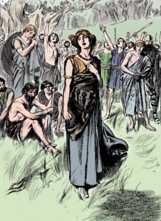 Boudicca (Boadicea) lst century British queen of the Iceni, rallying her troops, c1900. Artist: Unknown.