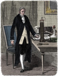 Alessandro Volta, Italian physicist, demonstrating his electric pile (battery), c1800 (c1870). Artist: Unknown.
