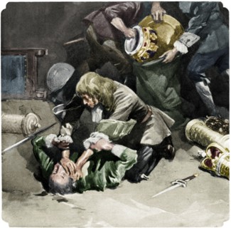 Thomas Blood attempting to steal the Crown Jewels from the Tower of London in 1671, (1937). Artist: Unknown.