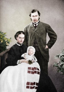 The Prince and Princess of Wales with the infant Prince Albert Victor, 1864 (1910). Creator: Vernon Heath.