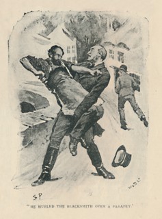 'He Hurled The Blacksmith Over A Parapet', 1892. Artist: Sidney E Paget.