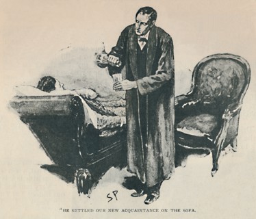 'He Settled Our New Acquaintance On The Sofa', 1892. Artist: Sidney E Paget.