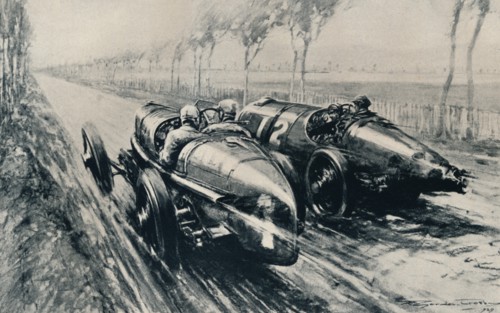 'Racing for the Grand Prix, Strasbourg (1922)', 1937. Artist: Gordon Crosby.