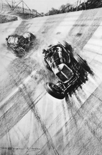 'Whitney Straight (Maserati) at the Members' Bridge turn, Brooklands, 1933, (1937). Artist: Gordon Crosby.
