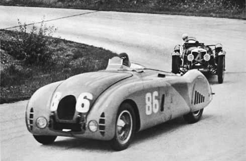 'French Grand Prix, 1936: A new streamlined Bugatti, followed by a Riley', 1936, (1937). Artist: Unknown.