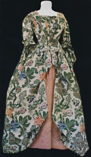 'Dress of Spitalfields silk, with pink satin quilted petticoat. Second half of eighteenth century',  Artist: Unknown.