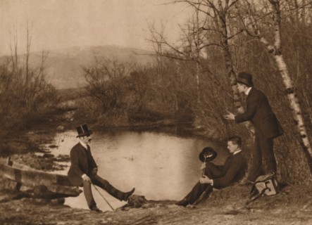 'Three men by pond', 1937. Artist: Louis Guichard.