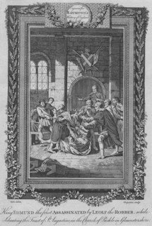 'King Edmund the first Assassinated by Leolf the Robbe', c1787. Artist: Unknown.