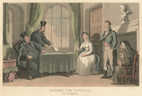 'Before the Tribunal at Avignon', 1818, (1821). Artist: Thomas Rowlandson.