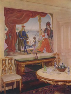 'Mural by Beatrice MacDermott, depicting a Venetian scene, and framed in one of the dining-room pane Artist: Unknown.