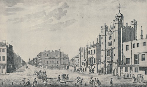 'Outside St. James's Palace, Pall Mall', 1740-1760, (1920). Artist: Thomas Bowles.