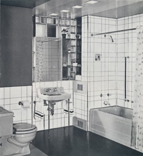 'Crane Co. - A compact recess tiled in canary yellow, scored with orange, showing the stainless-stee Artist: Unknown.